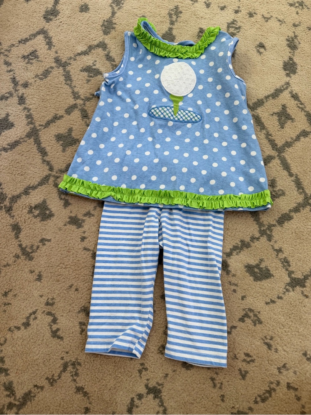 Blue Polka Dot & Stripe Girls' Matching Set with Green Trim